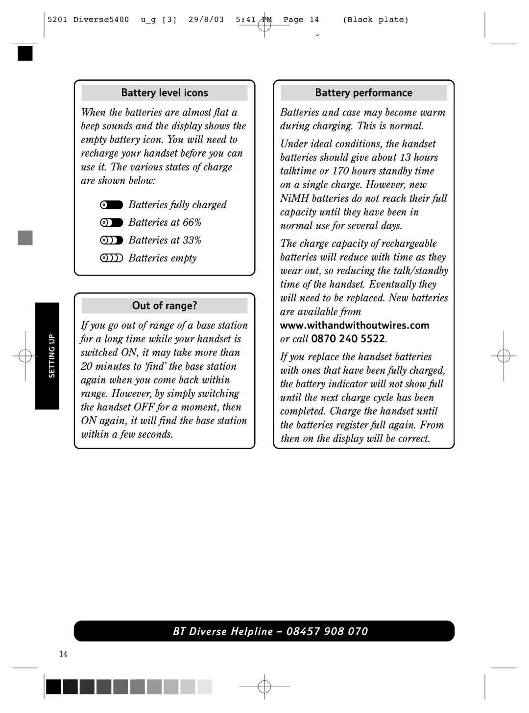 BT BT DIVERSE 5400 manual Battery level icons 