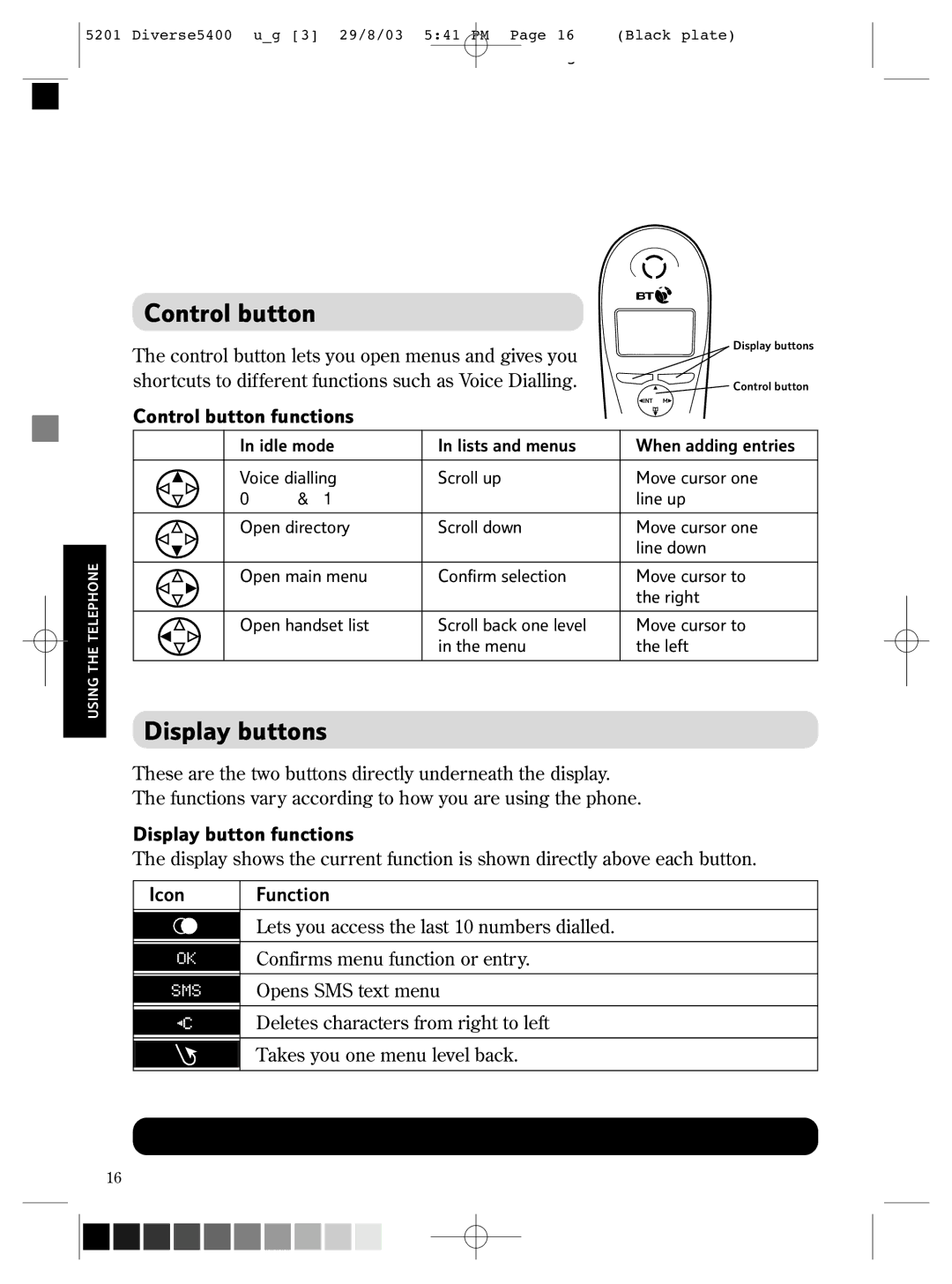 BT BT DIVERSE 5400 manual Using the telephone, Control button, Display buttons 