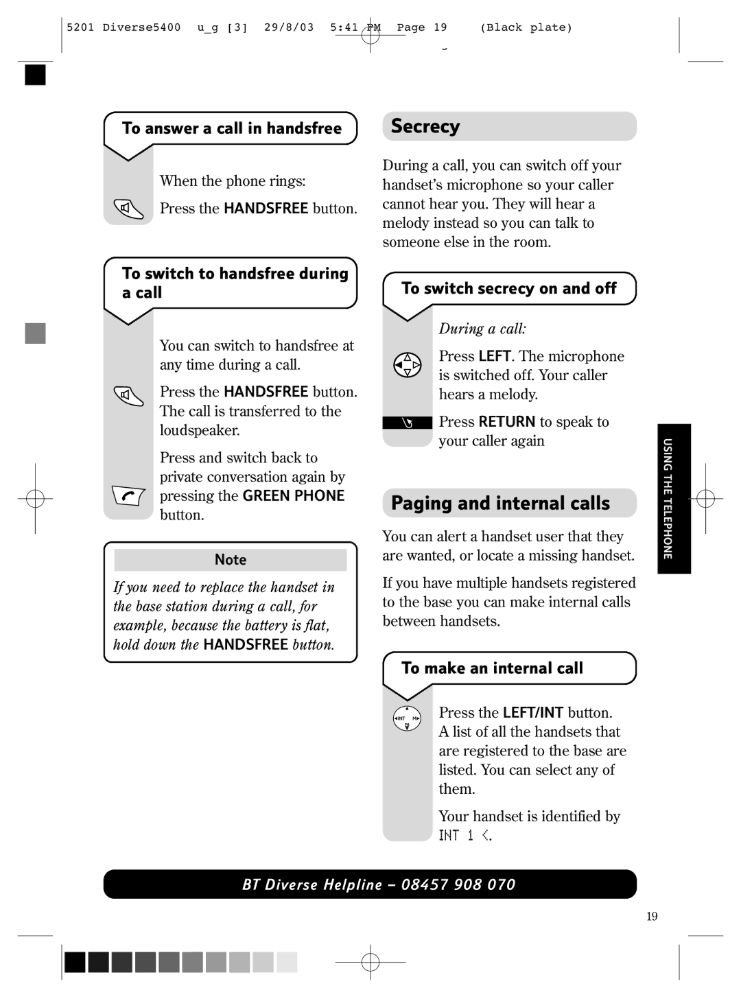 BT BT DIVERSE 5400 manual Secrecy, Paging and internal calls 