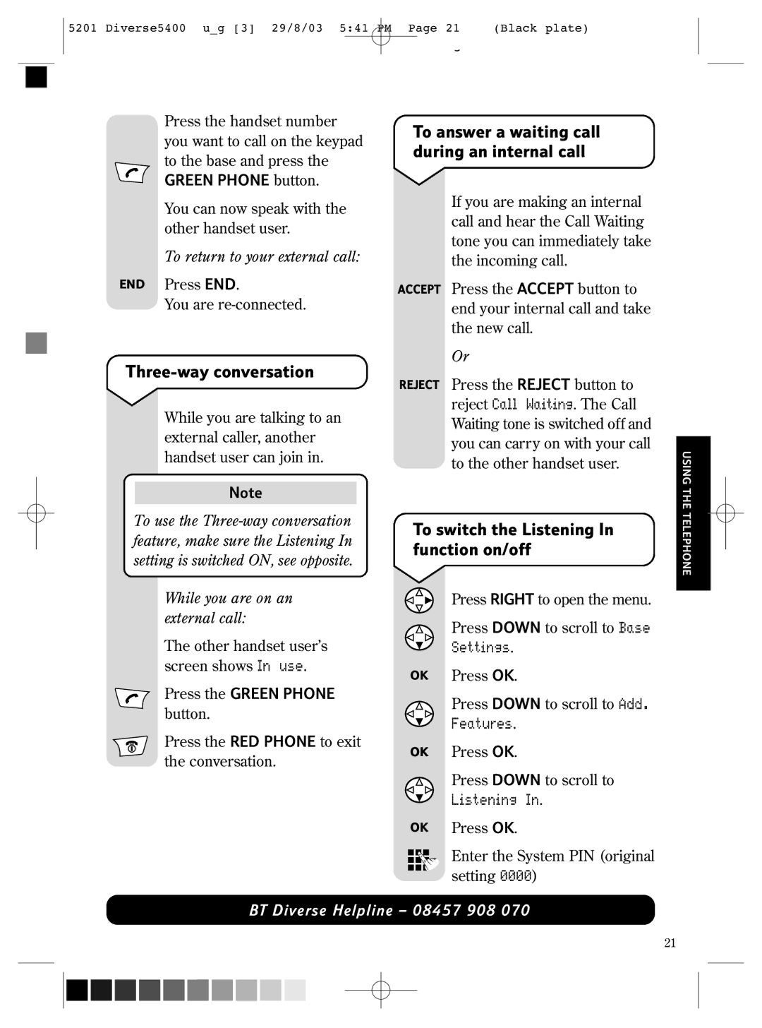 BT BT DIVERSE 5400 manual Three-way conversation, To answer a waiting call during an internal call 