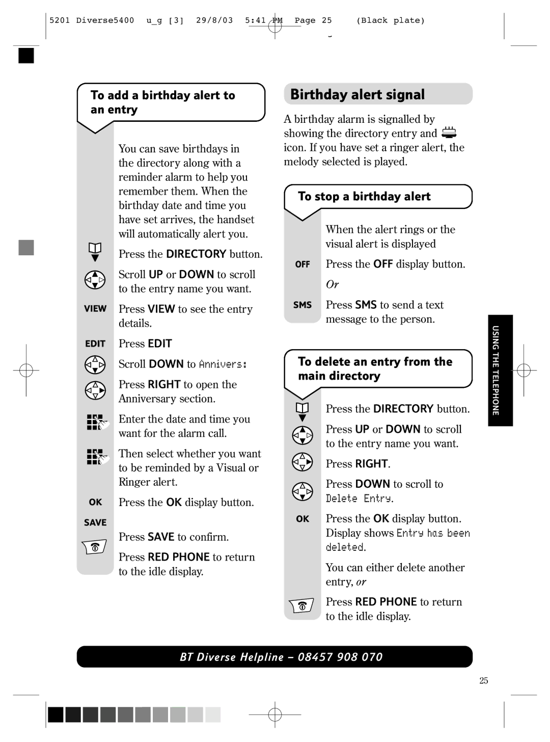 BT BT DIVERSE 5400 manual Birthday alert signal, To add a birthday alert to an entry, To stop a birthday alert 