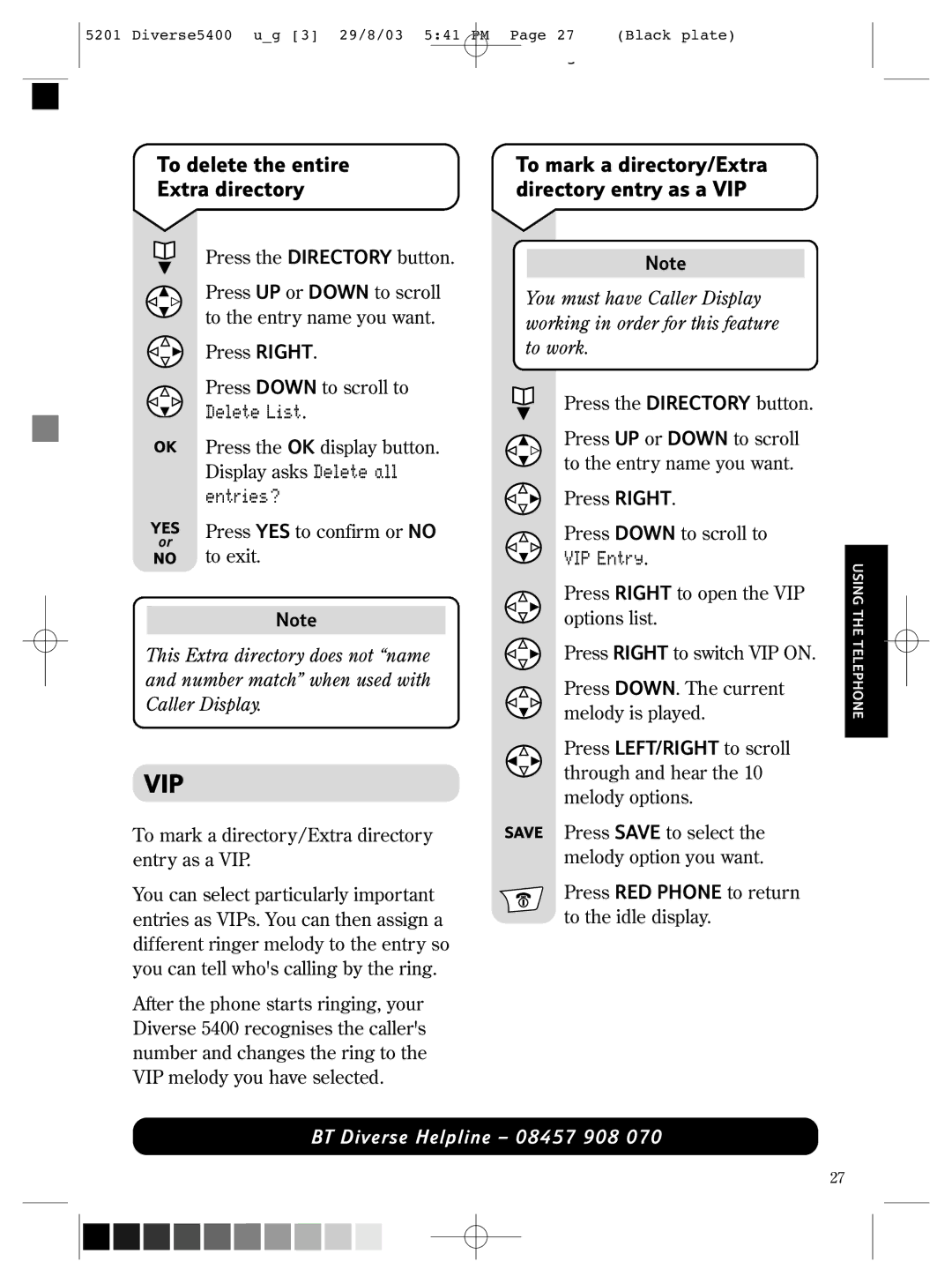 BT BT DIVERSE 5400 manual To delete the entire Extra directory, To mark a directory/Extra directory entry as a VIP 