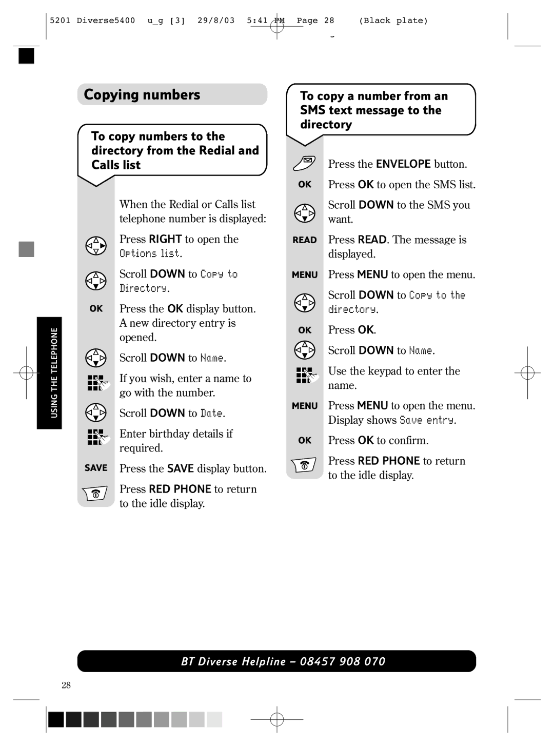 BT BT DIVERSE 5400 Copying numbers, To copy a number from an SMS text message to the directory, Options list, Directory 