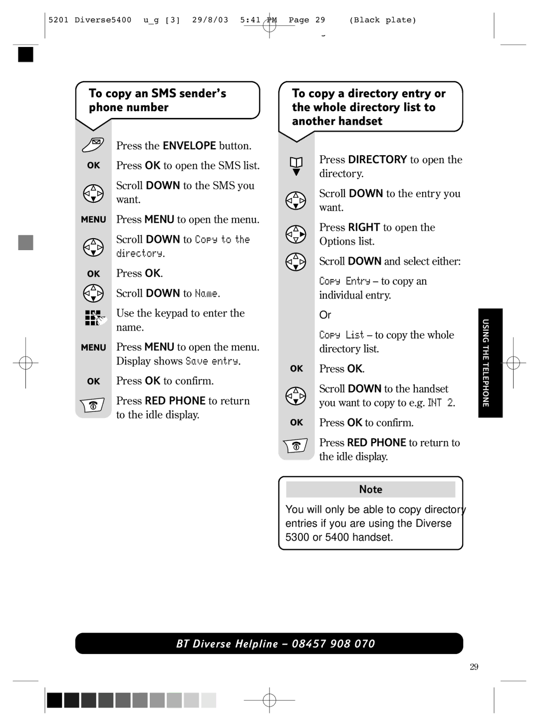 BT BT DIVERSE 5400 manual To copy an SMS sender’s phone number 