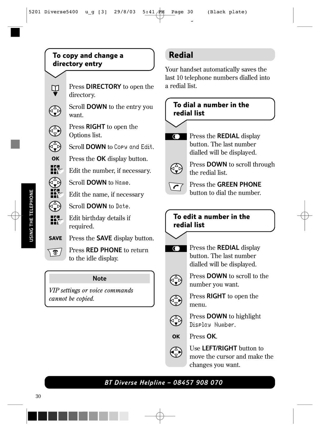 BT BT DIVERSE 5400 manual Redial, To copy and change a directory entry, To dial a number in the redial list 