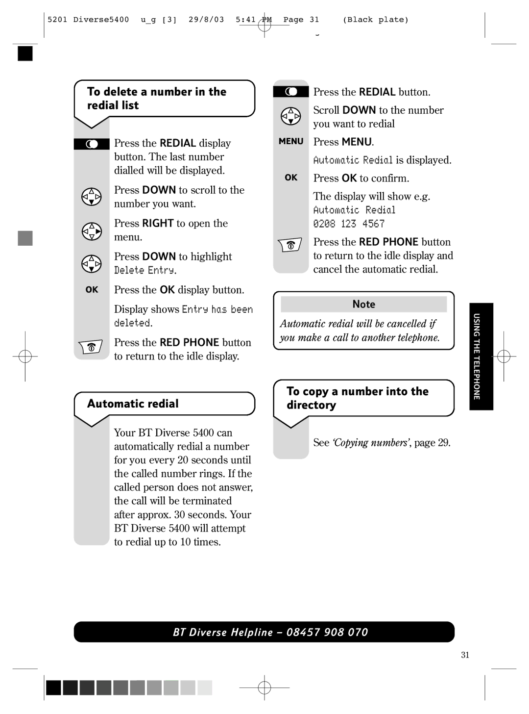 BT BT DIVERSE 5400 manual To delete a number in the redial list, Automatic redial, To copy a number into the directory 