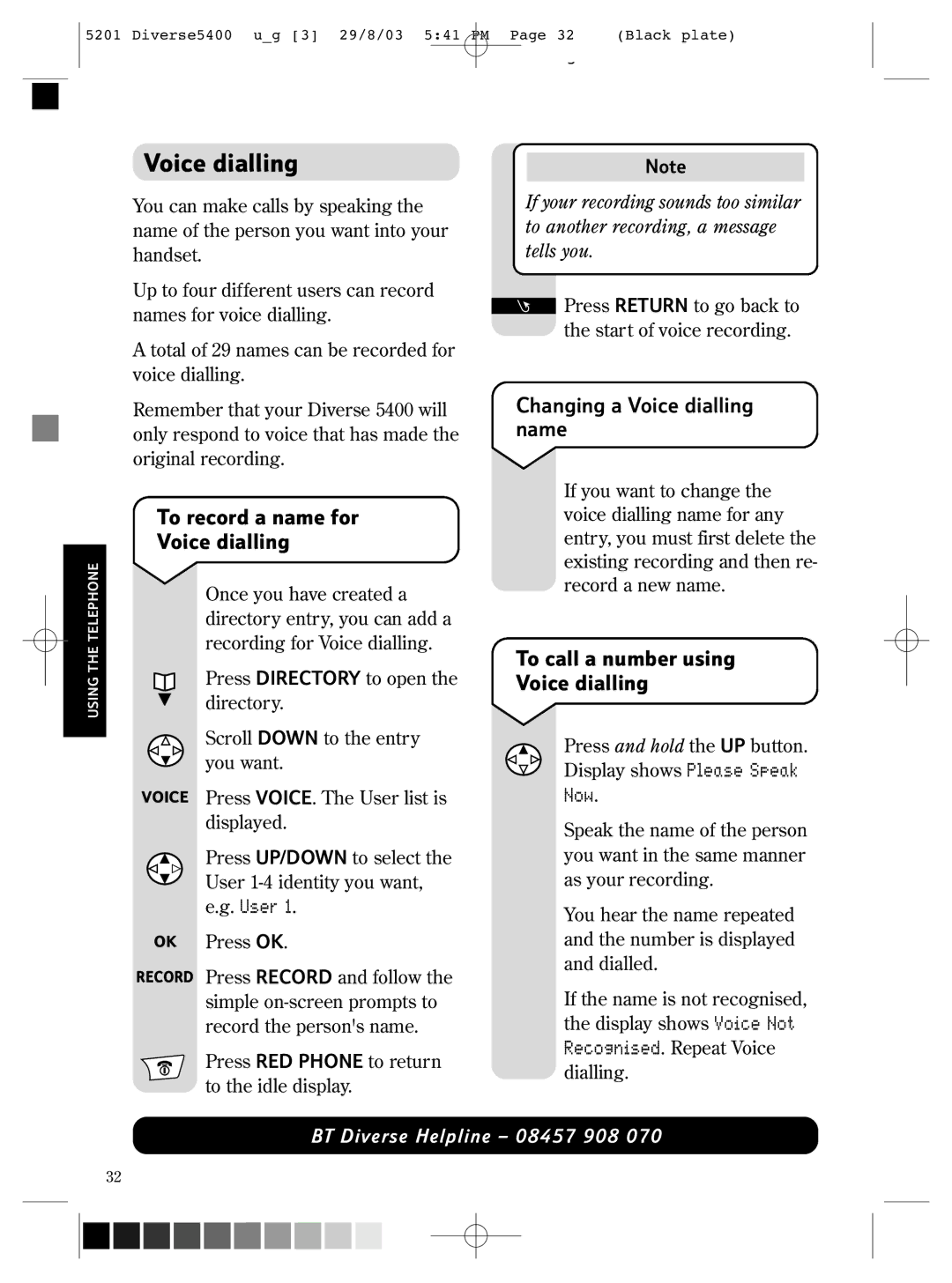 BT BT DIVERSE 5400 manual To record a name for Voice dialling, Changing a Voice dialling name, Now 