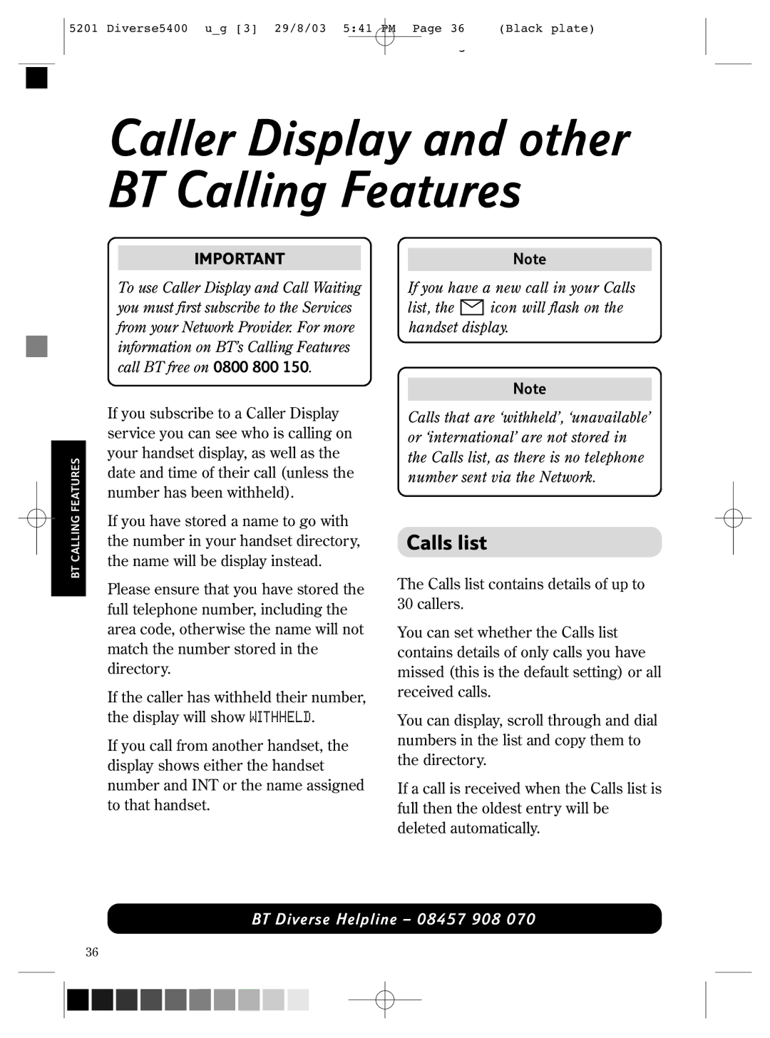 BT BT DIVERSE 5400 manual Caller Display and other BT Calling Features, Calls list 