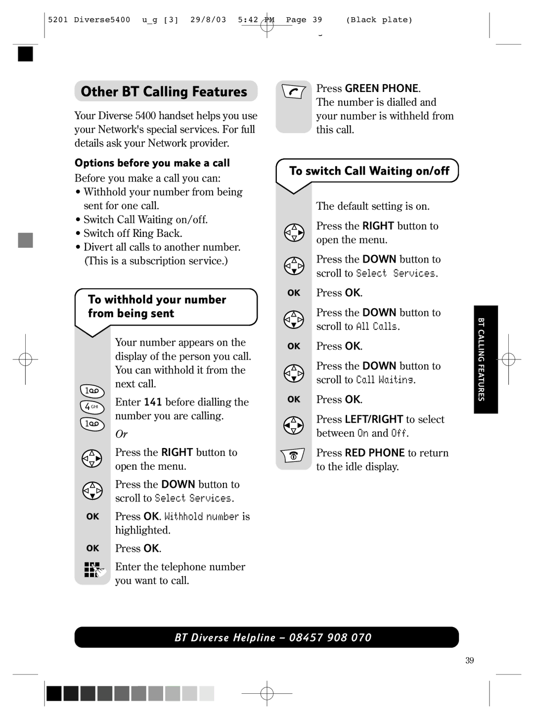 BT BT DIVERSE 5400 manual Other BT Calling Features, To withhold your number from being sent, To switch Call Waiting on/off 