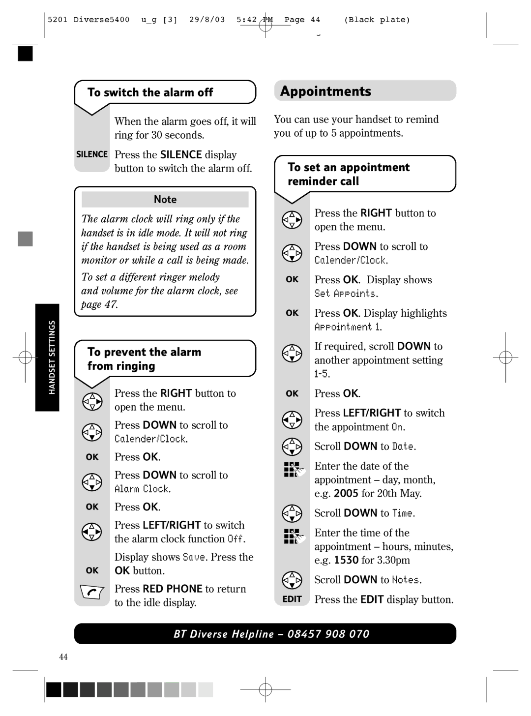 BT BT DIVERSE 5400 manual Appointments, To switch the alarm off, To prevent the alarm from ringing 