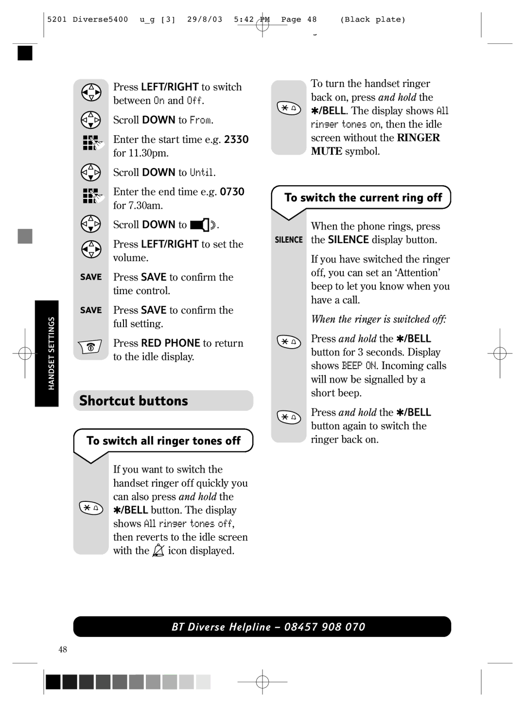 BT BT DIVERSE 5400 manual Shortcut buttons, To switch all ringer tones off, To switch the current ring off 