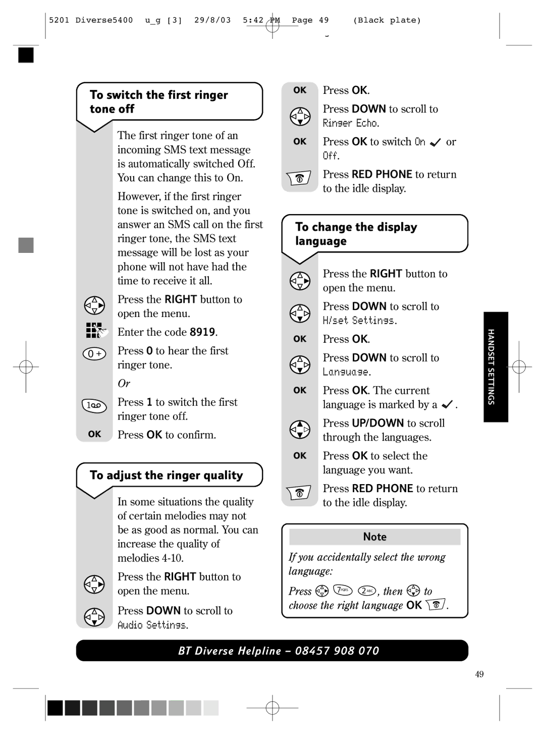 BT BT DIVERSE 5400 manual To switch the first ringer tone off, To adjust the ringer quality, To change the display language 