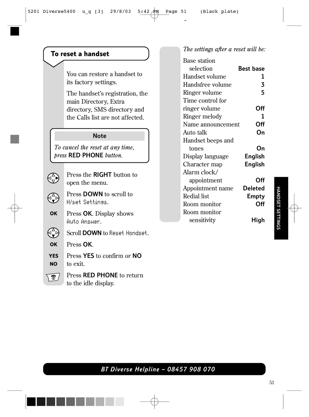 BT BT DIVERSE 5400 manual To reset a handset, Scroll Down to Reset Handset, Settings after a reset will be 