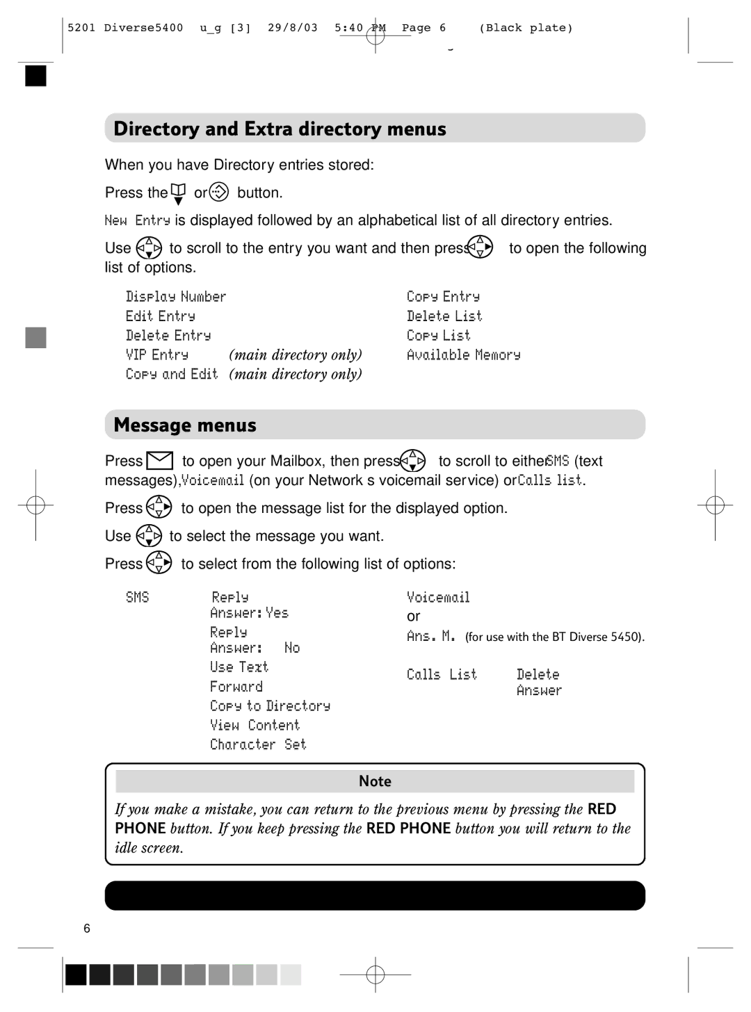 BT BT DIVERSE 5400 manual Directory and Extra directory menus, Message menus 