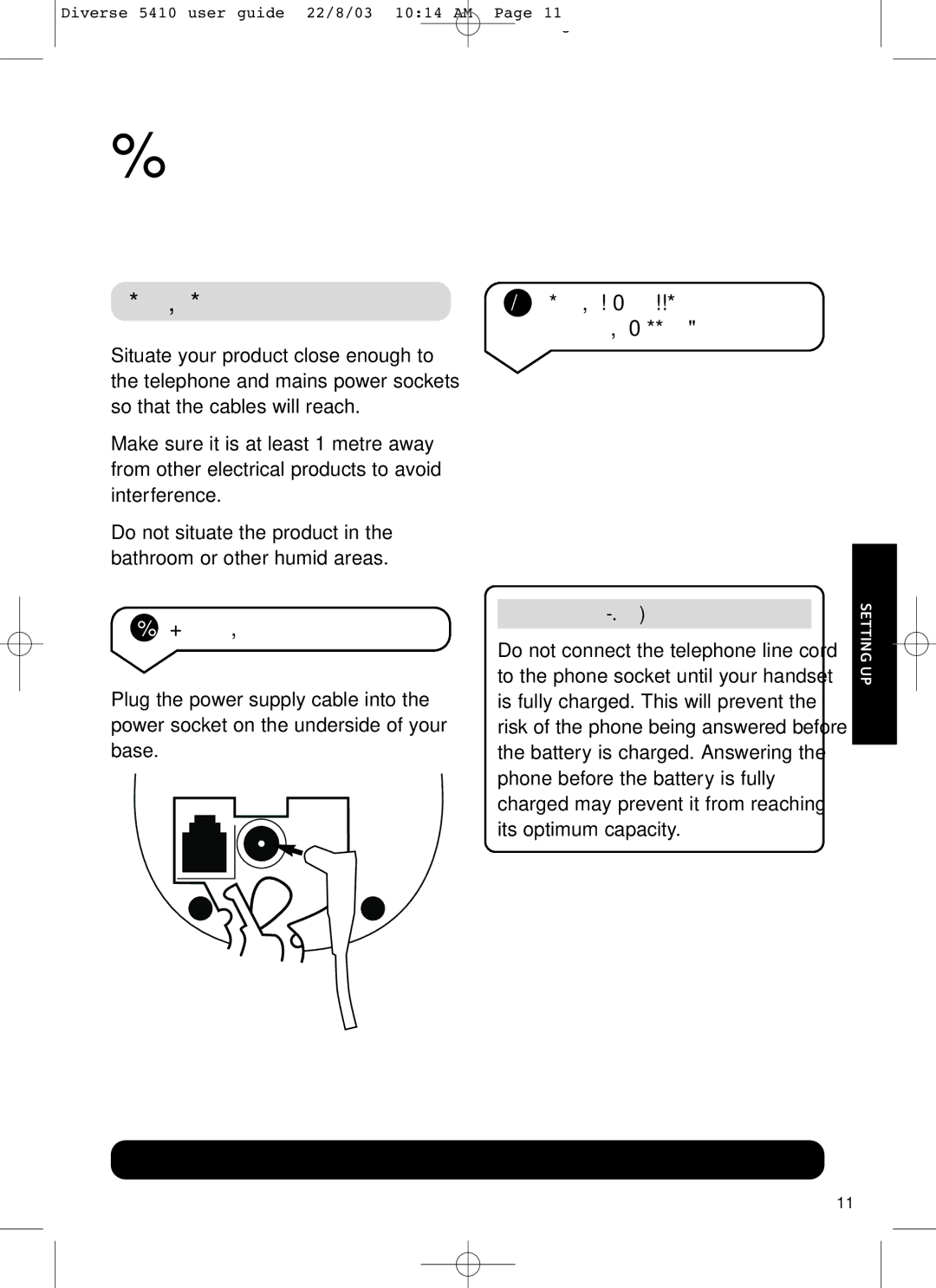 BT BT DIVERSE 5410 manual Setting up, Plan the location, Connect the base station, Do not connect the telephone line cord 