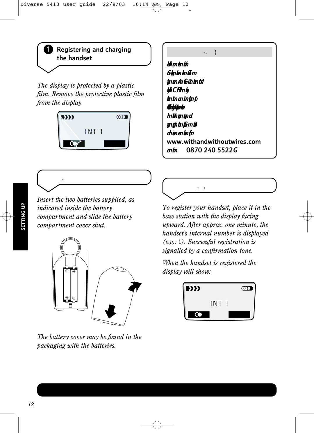 BT BT DIVERSE 5410 manual Insert the batteries, To register the handset 