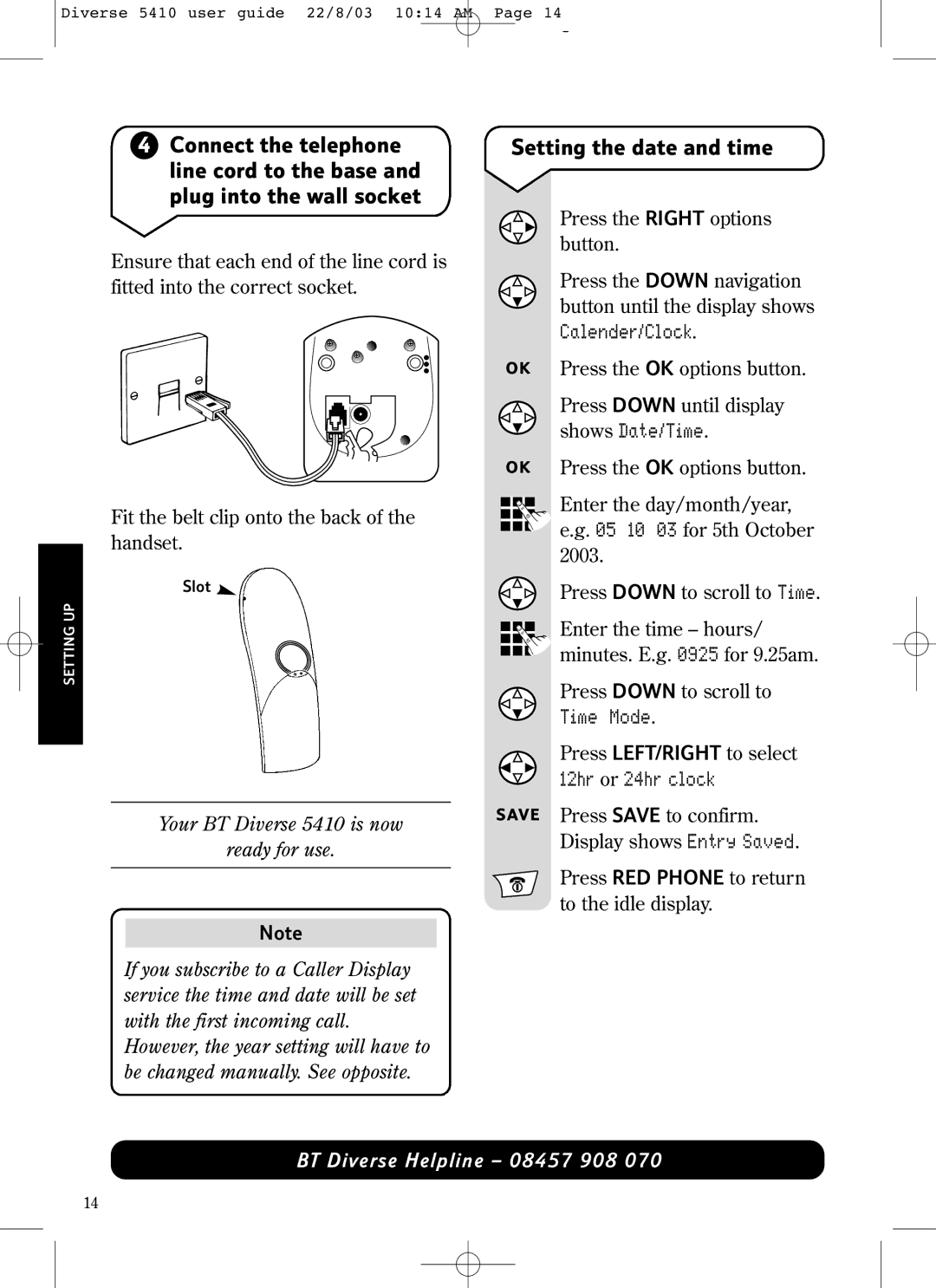 BT BT DIVERSE 5410 manual Setting the date and time, Time Mode, 12hr or 24hr clock 