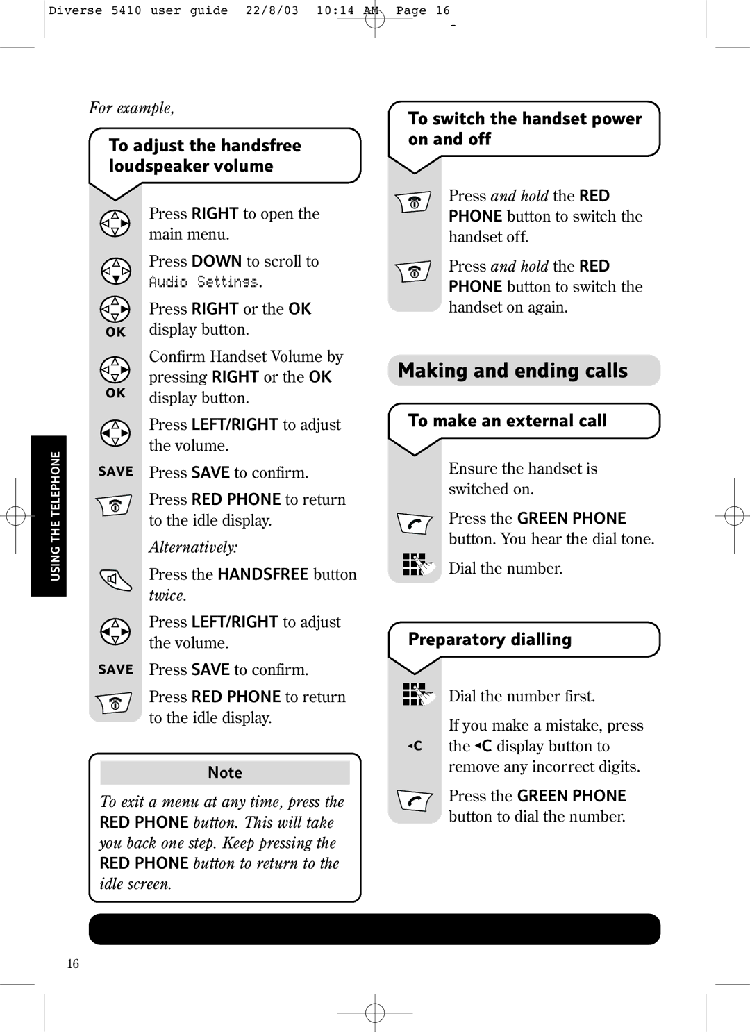 BT BT DIVERSE 5410 manual Making and ending calls, To switch the handset power on and off, To make an external call 