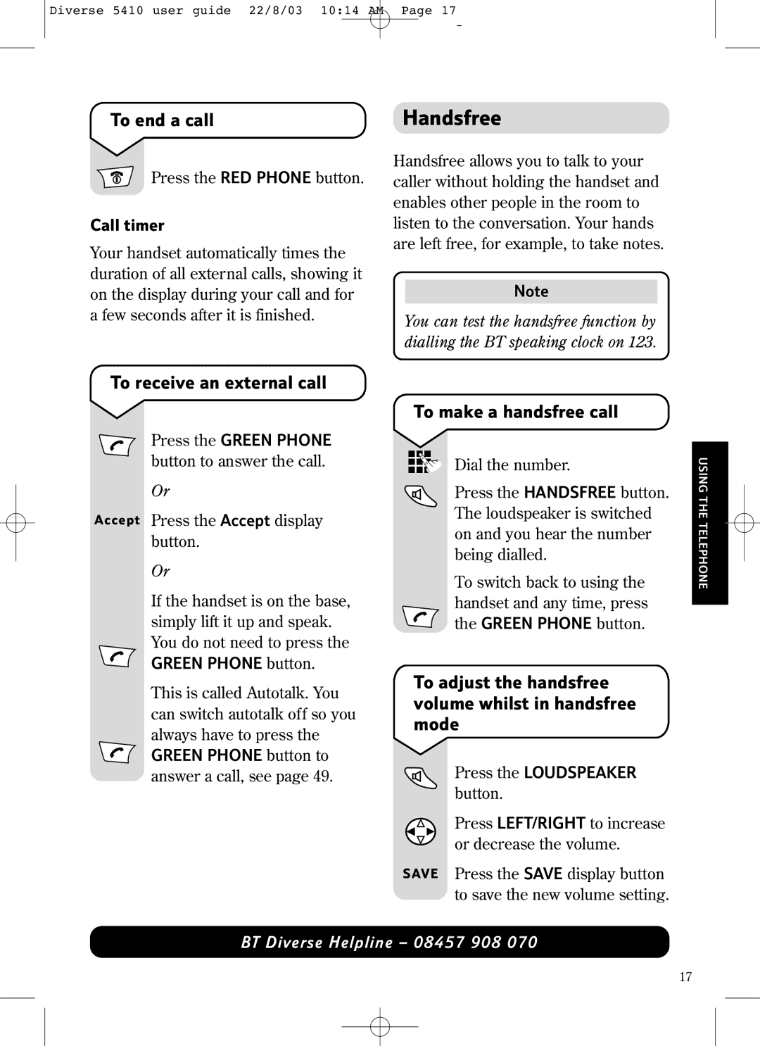 BT BT DIVERSE 5410 manual Handsfree, To end a call, To receive an external call, To make a handsfree call 