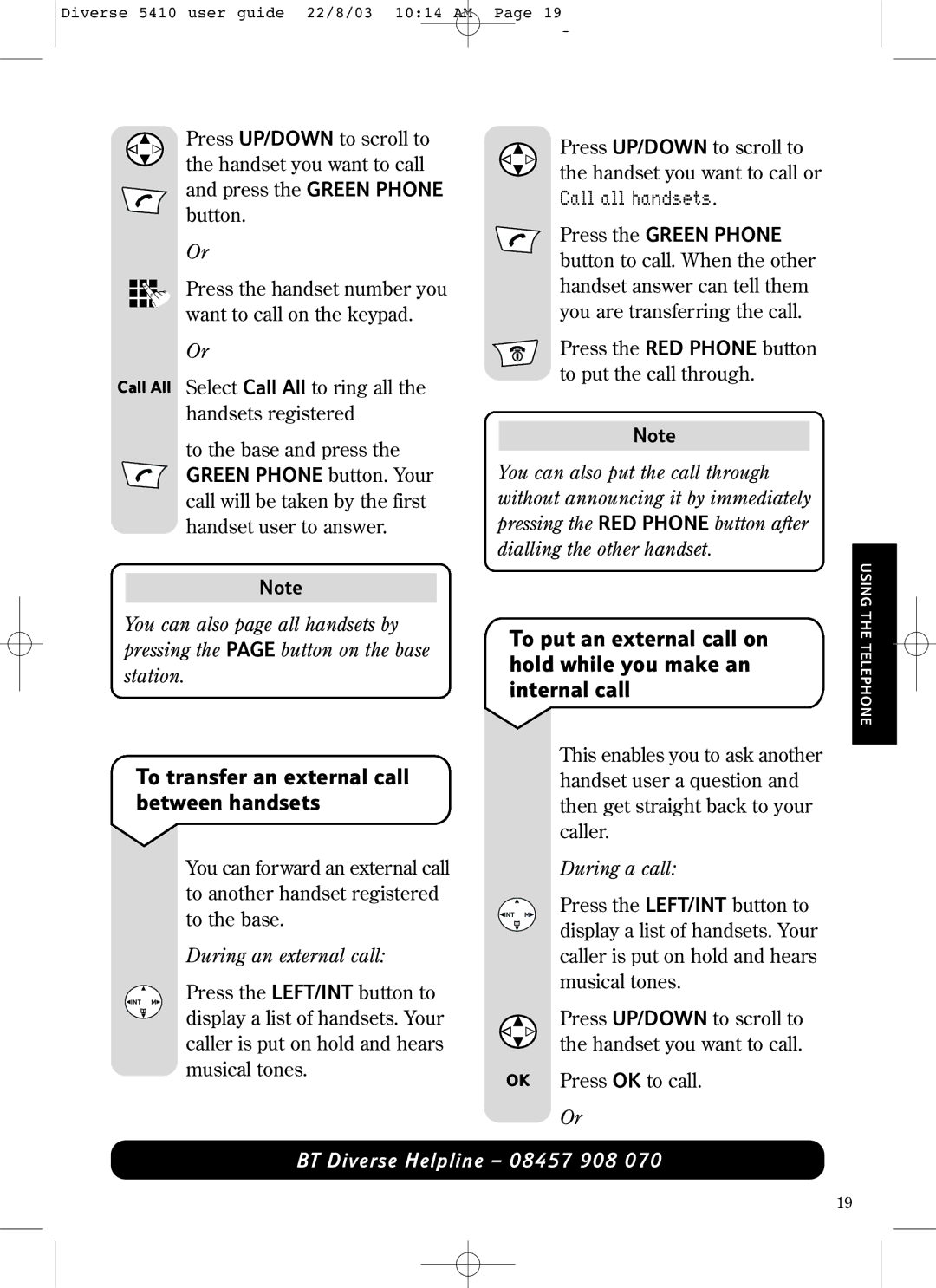 BT BT DIVERSE 5410 manual Call all handsets, During an external call 