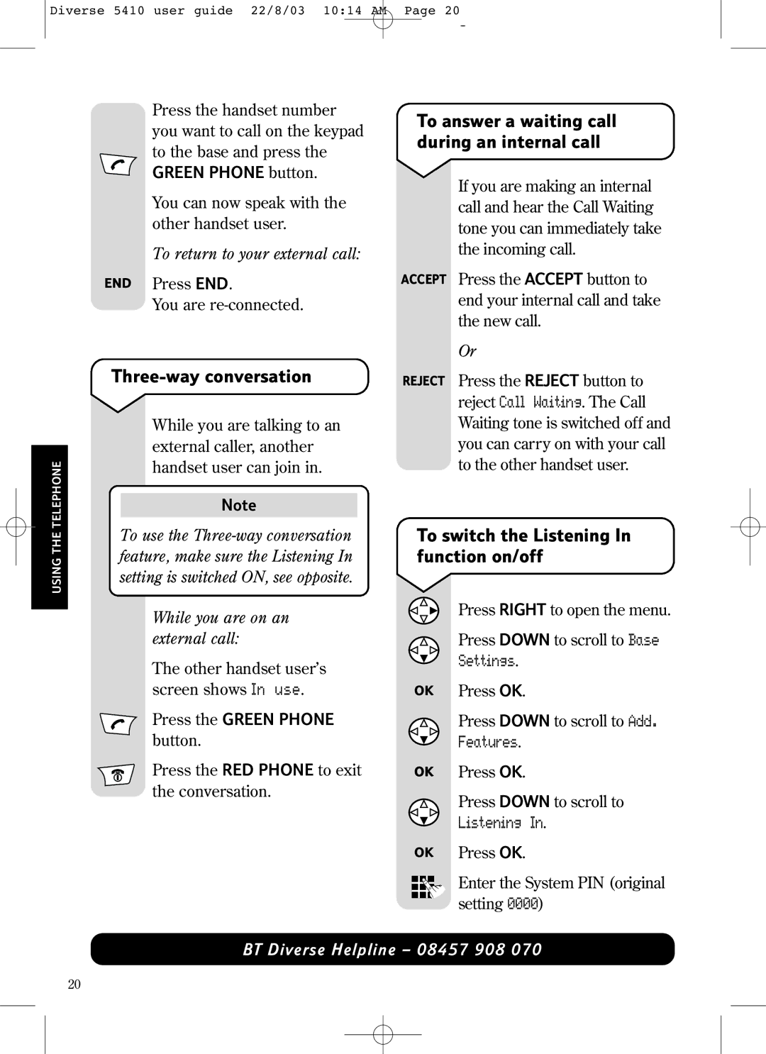 BT BT DIVERSE 5410 manual Three-way conversation, To answer a waiting call during an internal call 