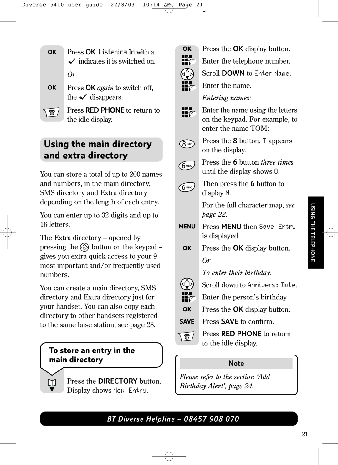 BT BT DIVERSE 5410 Using the main directory and extra directory, To store an entry in the main directory, Entering names 