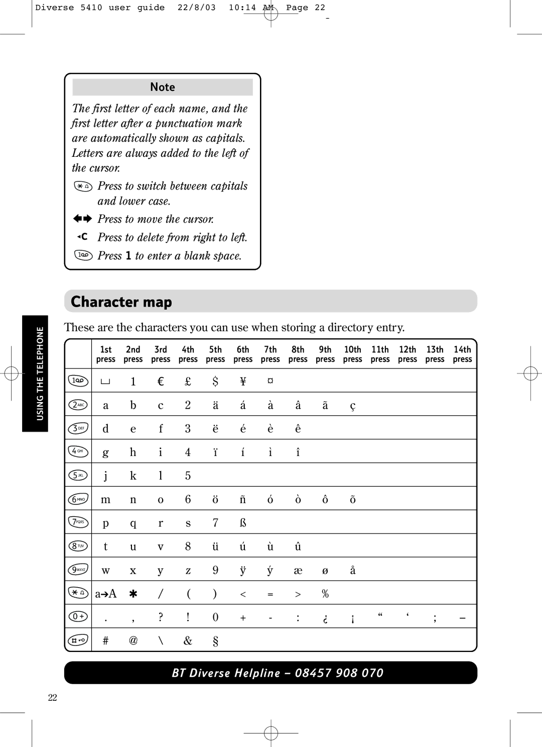 BT BT DIVERSE 5410 manual Character map 