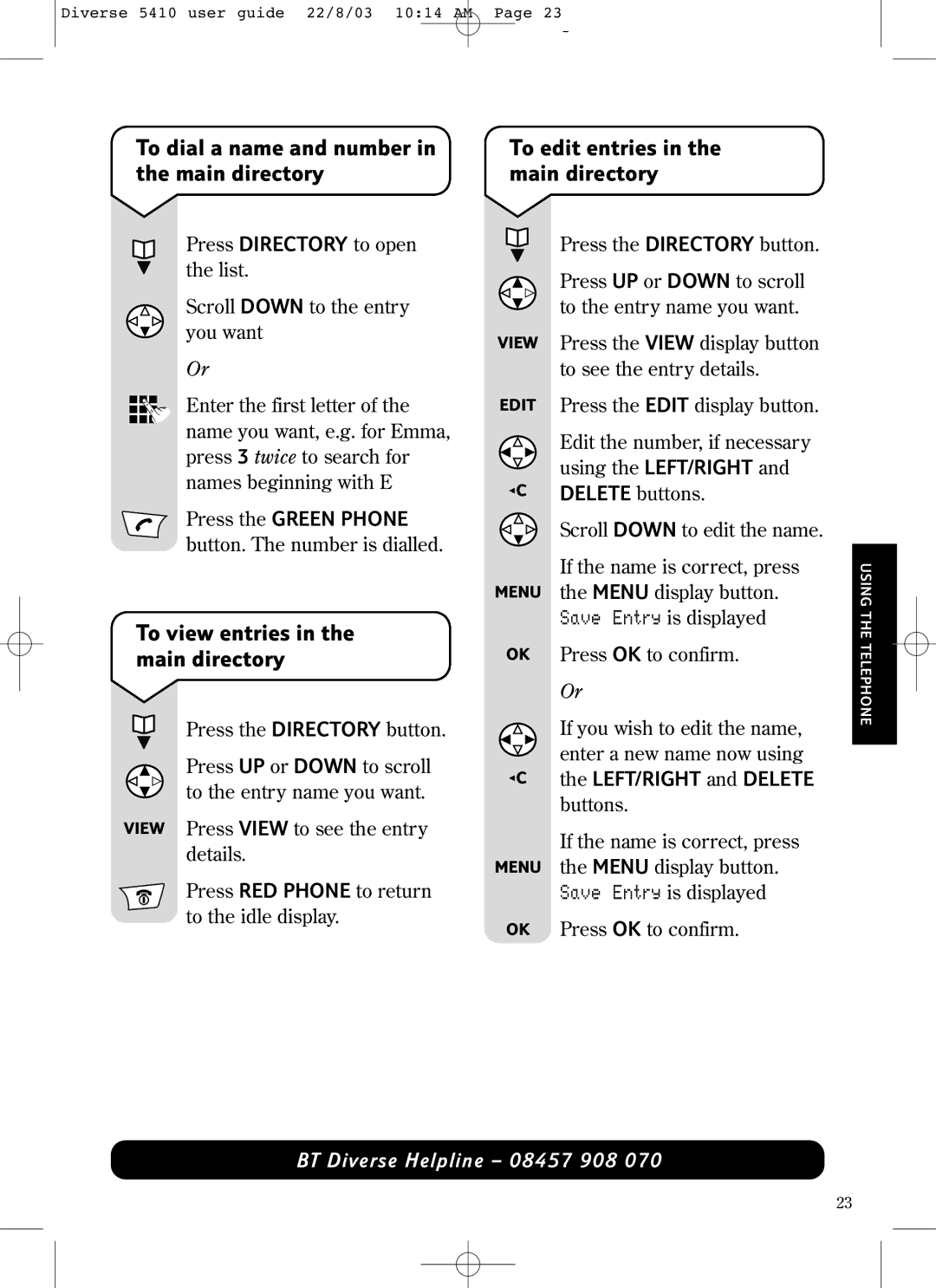 BT BT DIVERSE 5410 manual To view entries in the main directory 