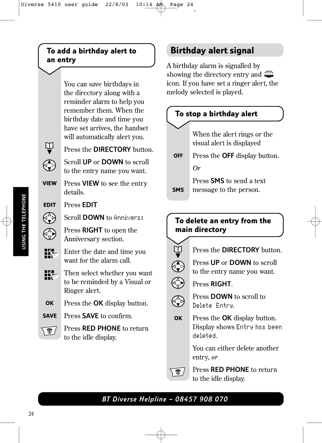 BT BT DIVERSE 5410 manual Birthday alert signal, To add a birthday alert to an entry, To stop a birthday alert 
