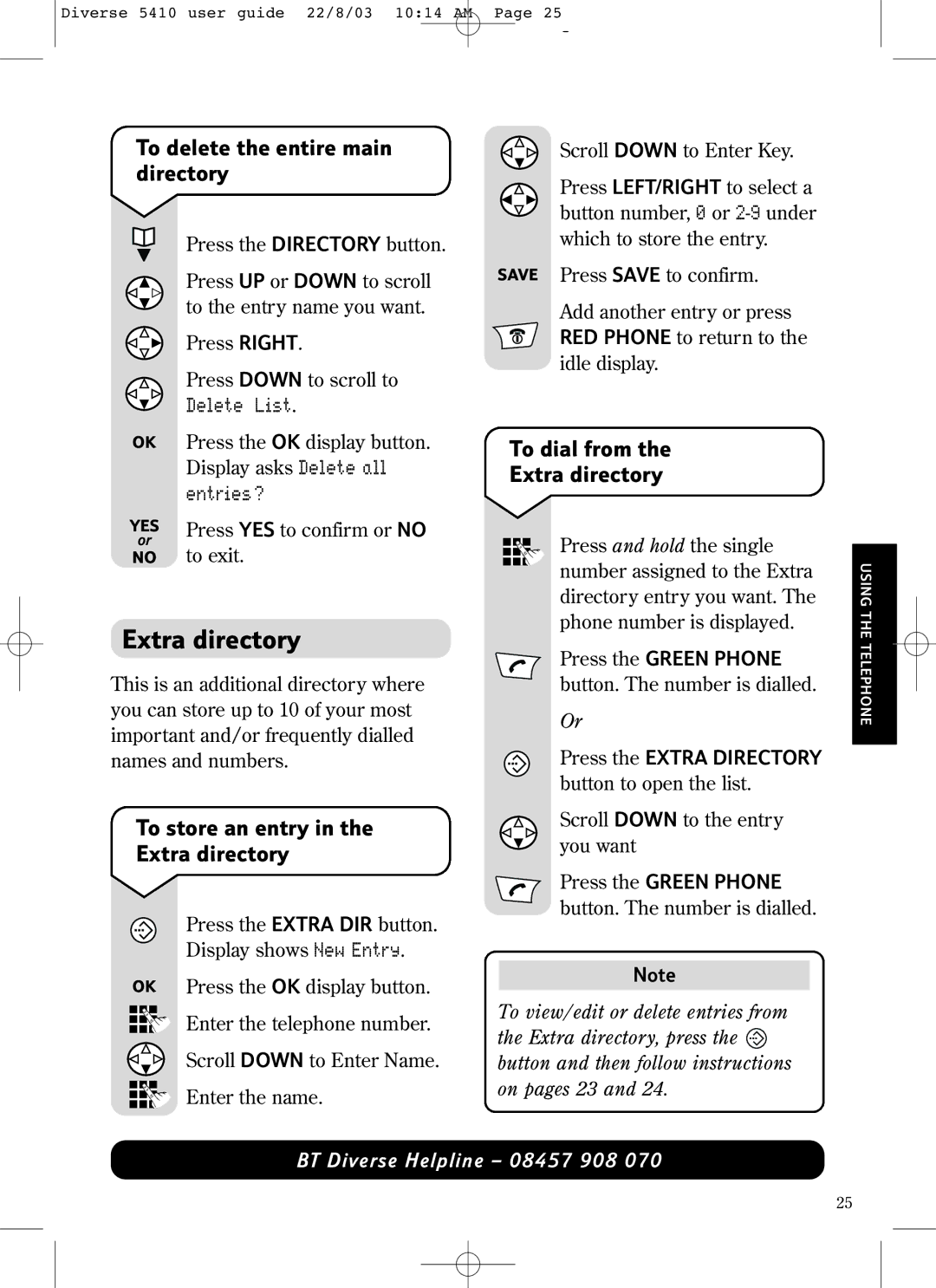 BT BT DIVERSE 5410 manual To delete the entire main directory, To store an entry Extra directory, Entries? 