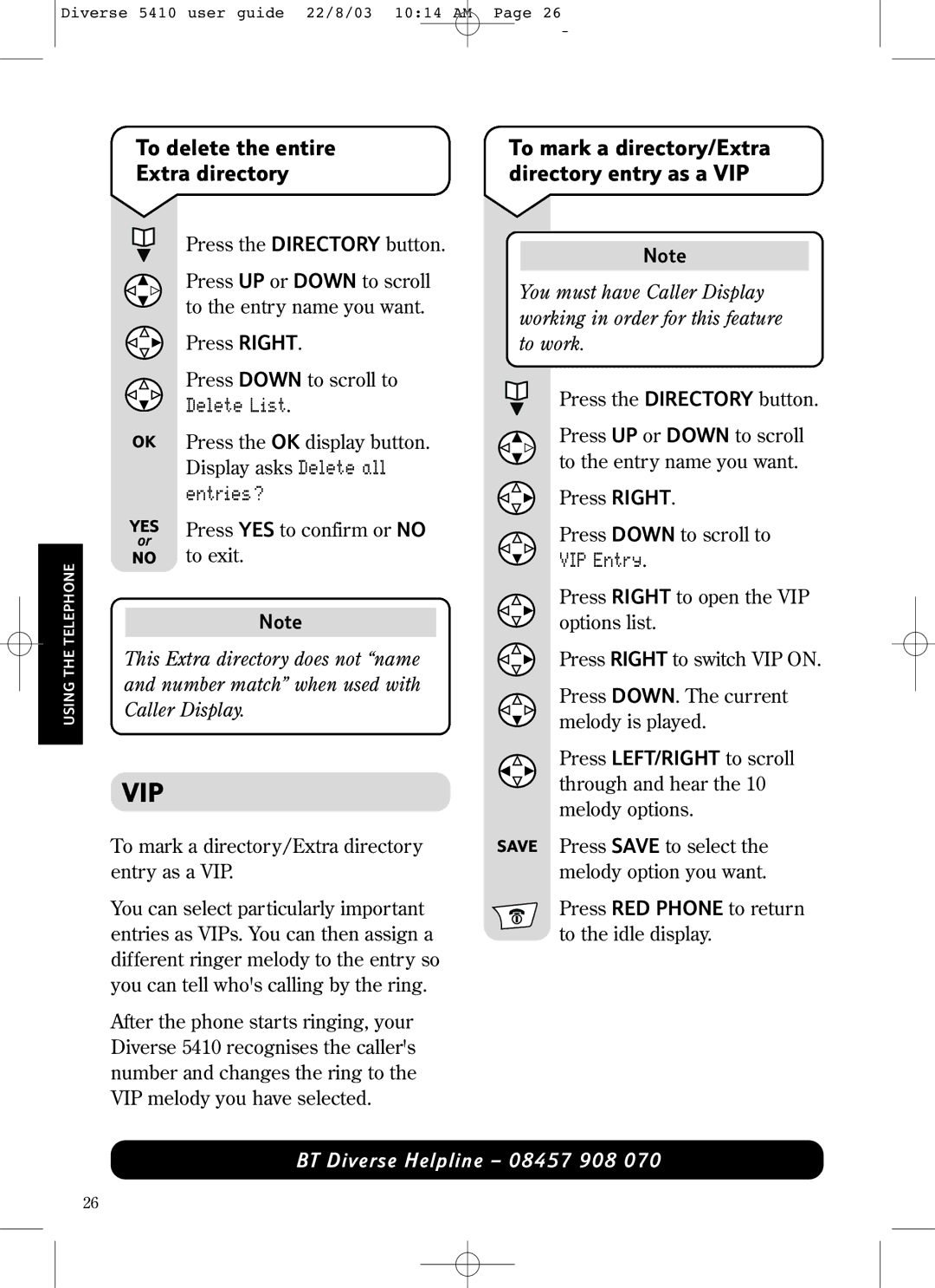 BT BT DIVERSE 5410 manual To delete the entire Extra directory, To mark a directory/Extra directory entry as a VIP 