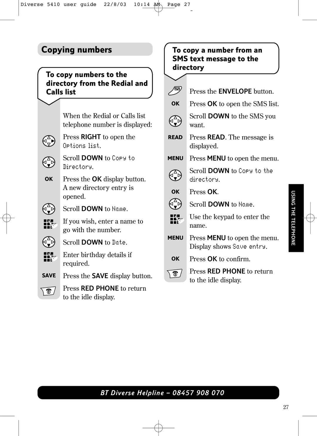 BT BT DIVERSE 5410 Copying numbers, To copy a number from an SMS text message to the directory, Options list, Directory 