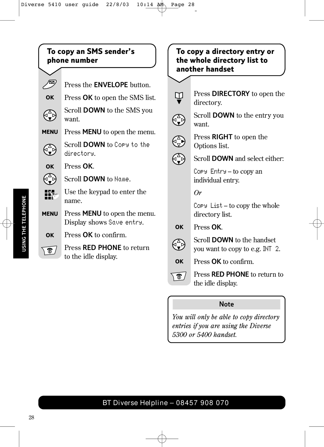 BT BT DIVERSE 5410 manual To copy an SMS sender’s phone number 