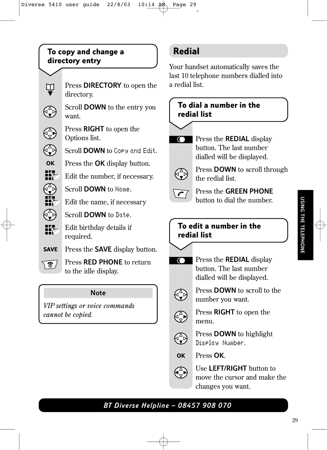 BT BT DIVERSE 5410 manual Redial, To copy and change a directory entry, To dial a number in the redial list 