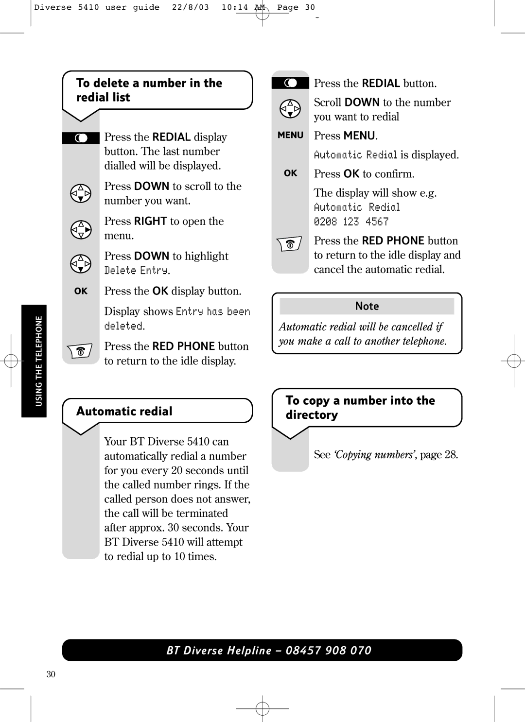 BT BT DIVERSE 5410 manual To delete a number in the redial list, Automatic redial, To copy a number into the directory 