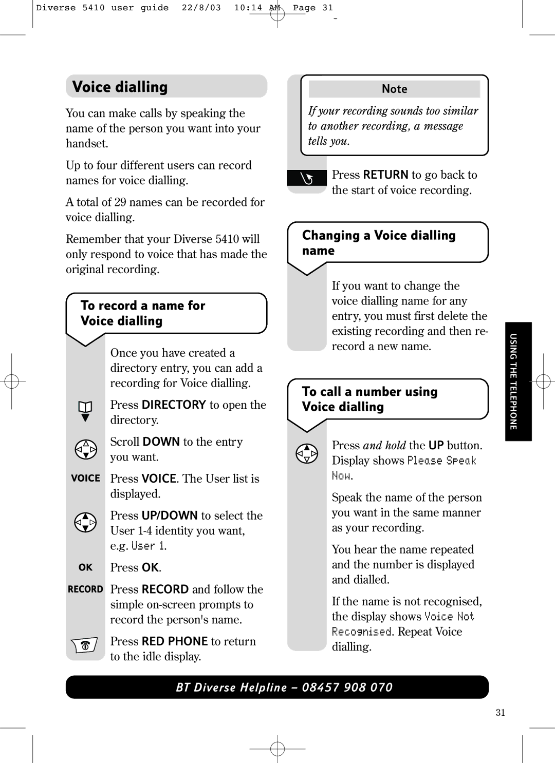 BT BT DIVERSE 5410 manual To record a name for Voice dialling, Changing a Voice dialling name, Now 