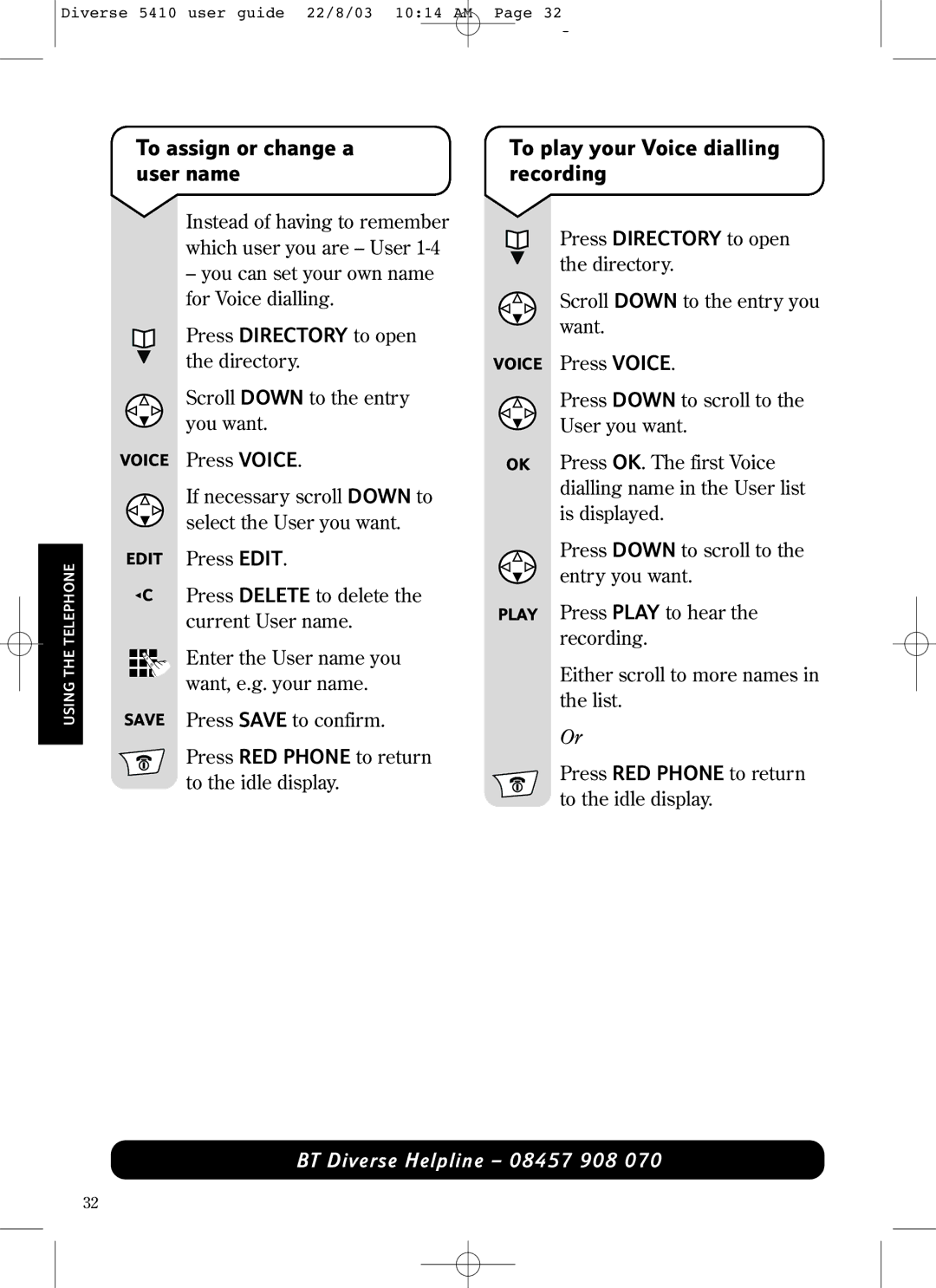 BT BT DIVERSE 5410 manual To assign or change a user name, To play your Voice dialling recording 