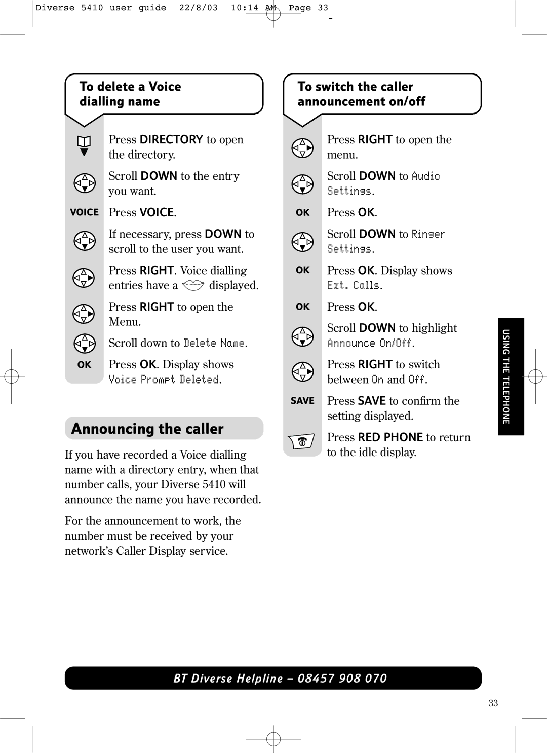 BT BT DIVERSE 5410 manual Announcing the caller, To delete a Voice dialling name, To switch the caller announcement on/off 