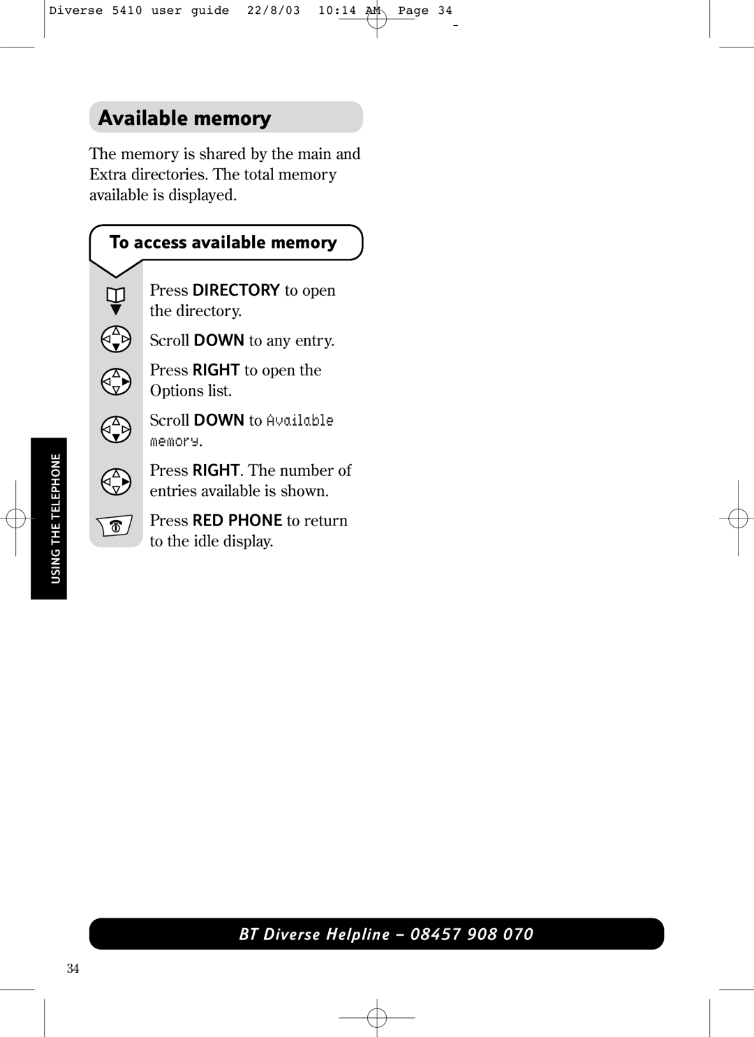 BT BT DIVERSE 5410 manual Available memory, To access available memory 