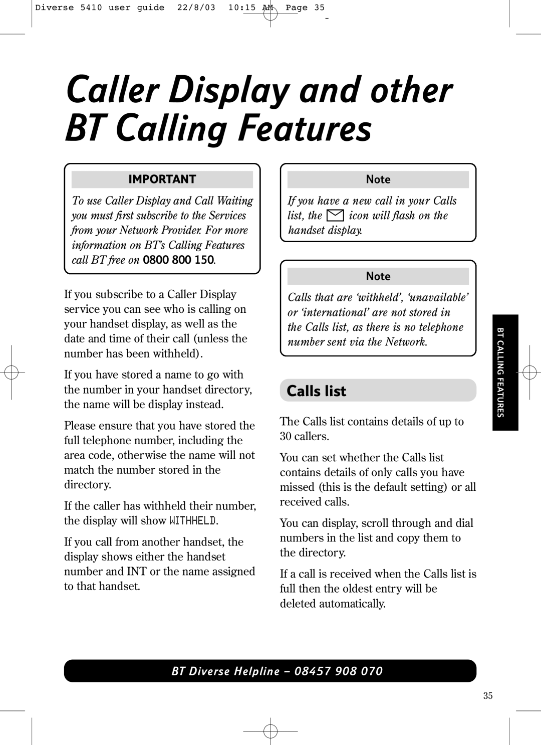 BT BT DIVERSE 5410 manual Caller Display and other BT Calling Features, Calls list 