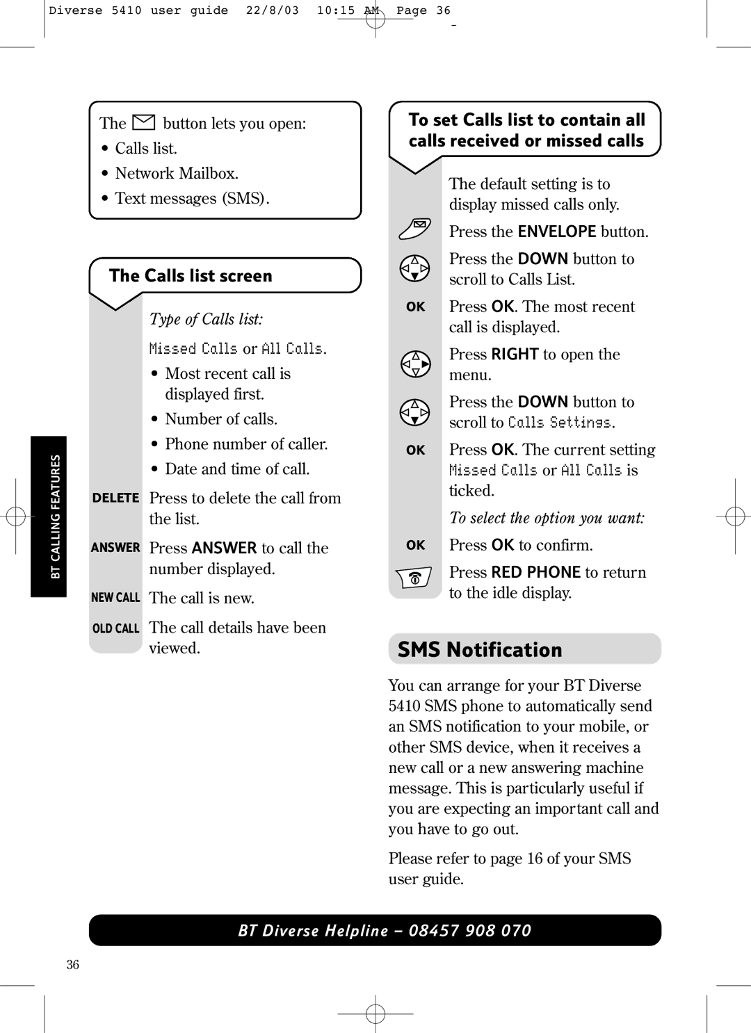 BT BT DIVERSE 5410 manual SMS Notification, Calls list screen, Missed Calls or All Calls, Scroll to Calls Settings 