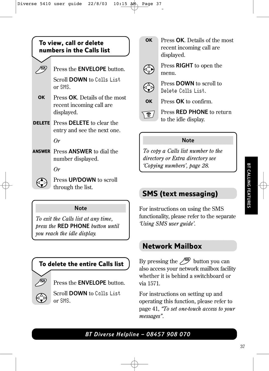 BT BT DIVERSE 5410 manual SMS text messaging, Network Mailbox, To view, call or delete numbers in the Calls list 