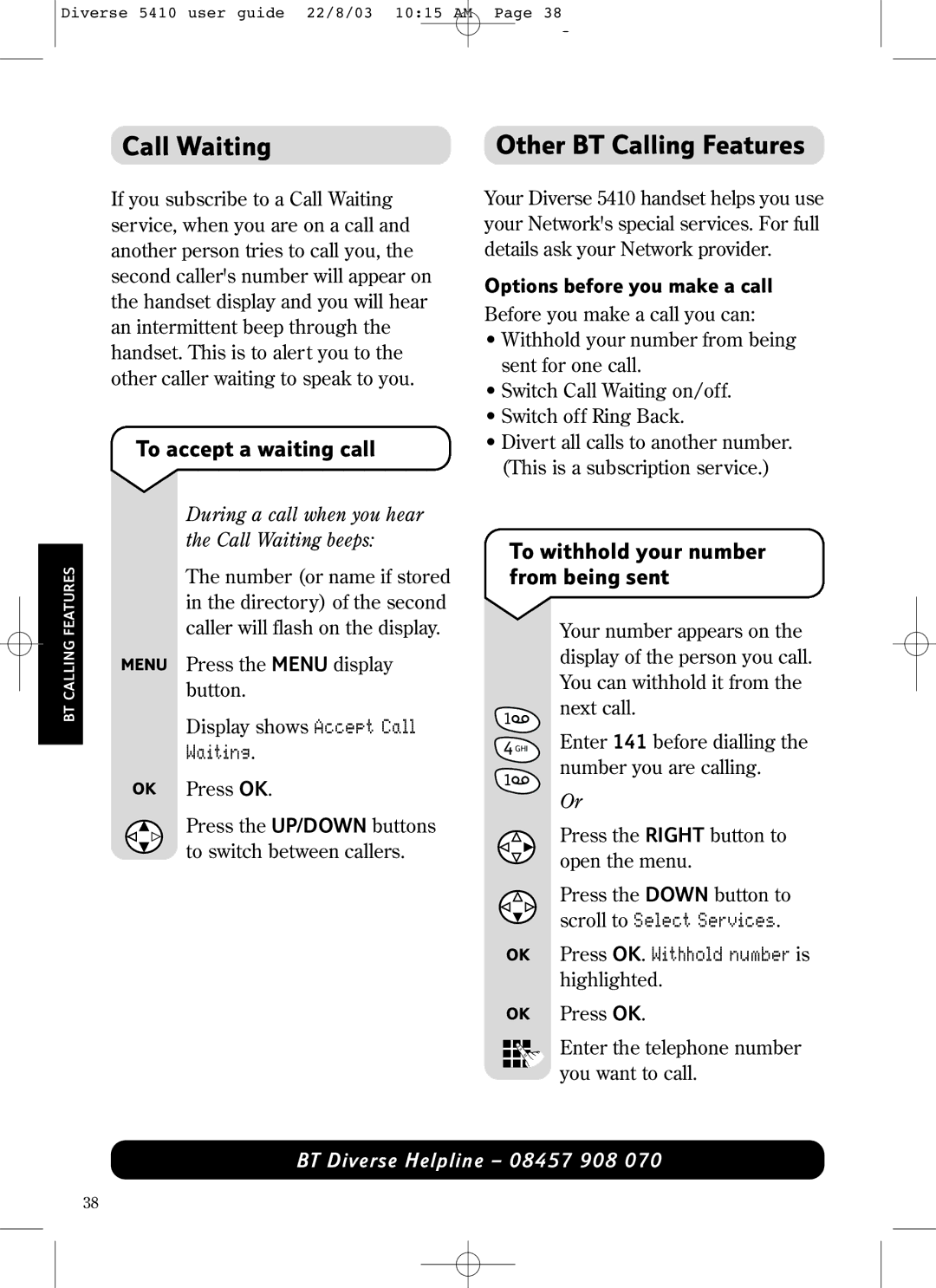 BT BT DIVERSE 5410 manual Call Waiting, Other BT Calling Features, To accept a waiting call 