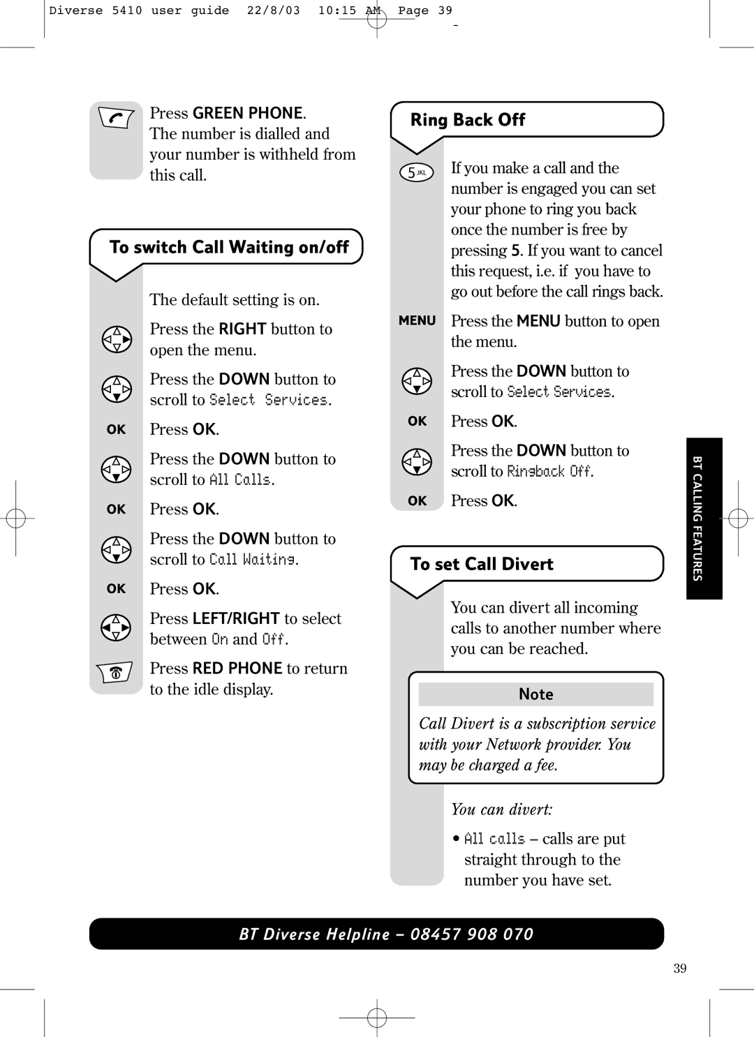 BT BT DIVERSE 5410 manual Ring Back Off, To switch Call Waiting on/off, To set Call Divert 