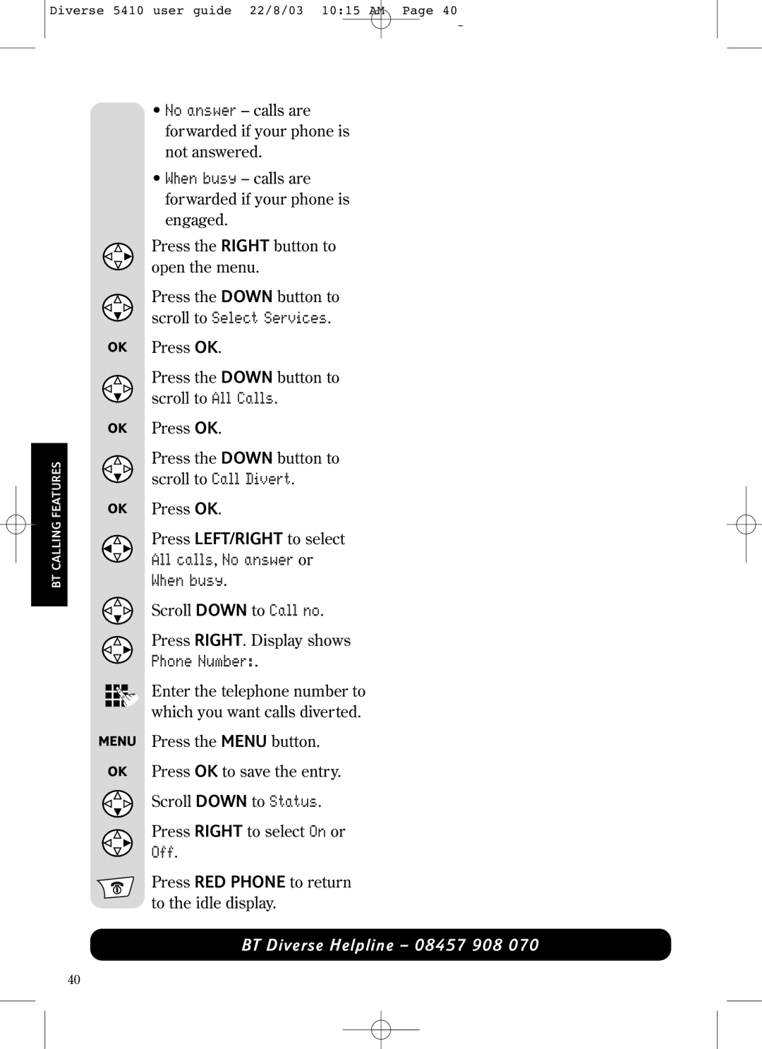 BT BT DIVERSE 5410 manual All calls, No answer or When busy, Phone Number 
