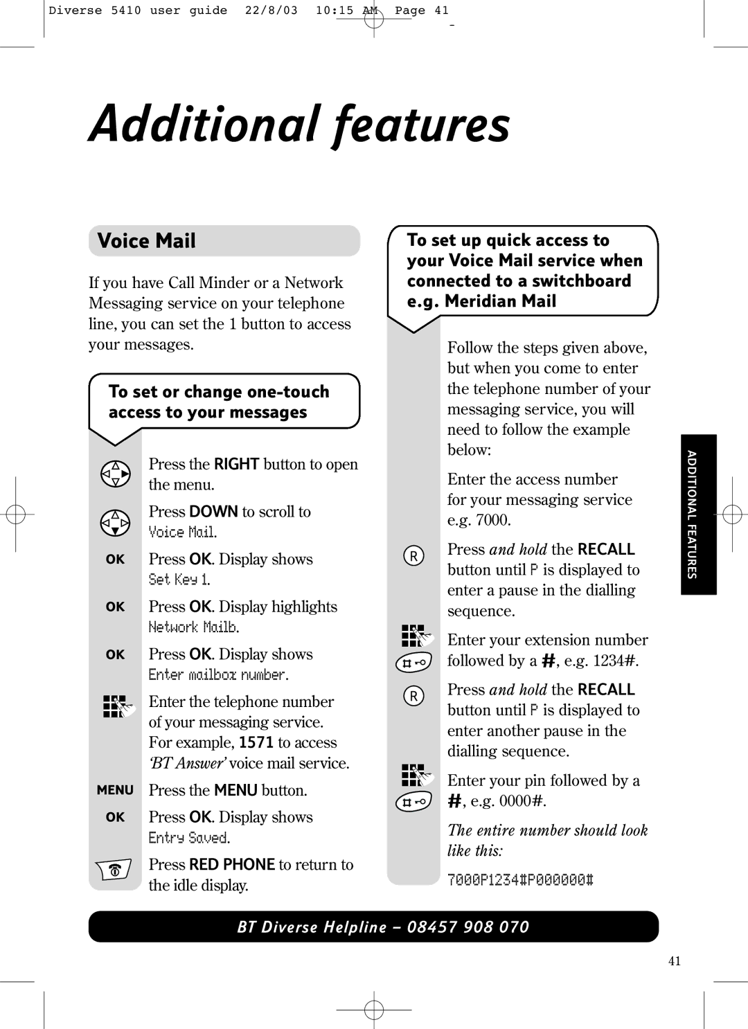 BT BT DIVERSE 5410 manual Additional features, Voice Mail, Set Key, 7000P1234#P000000# 