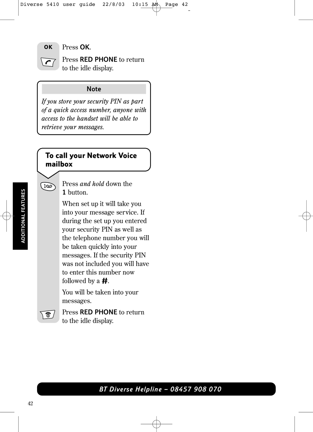 BT BT DIVERSE 5410 manual To call your Network Voice mailbox 