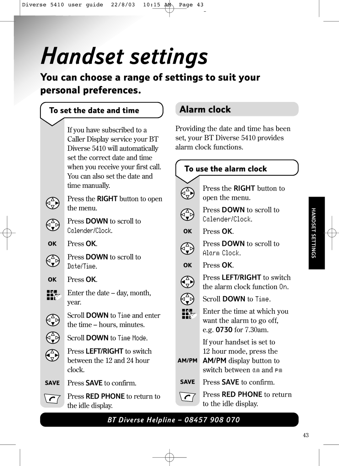 BT BT DIVERSE 5410 manual Handset settings, Alarm clock, To set the date and time, To use the alarm clock 