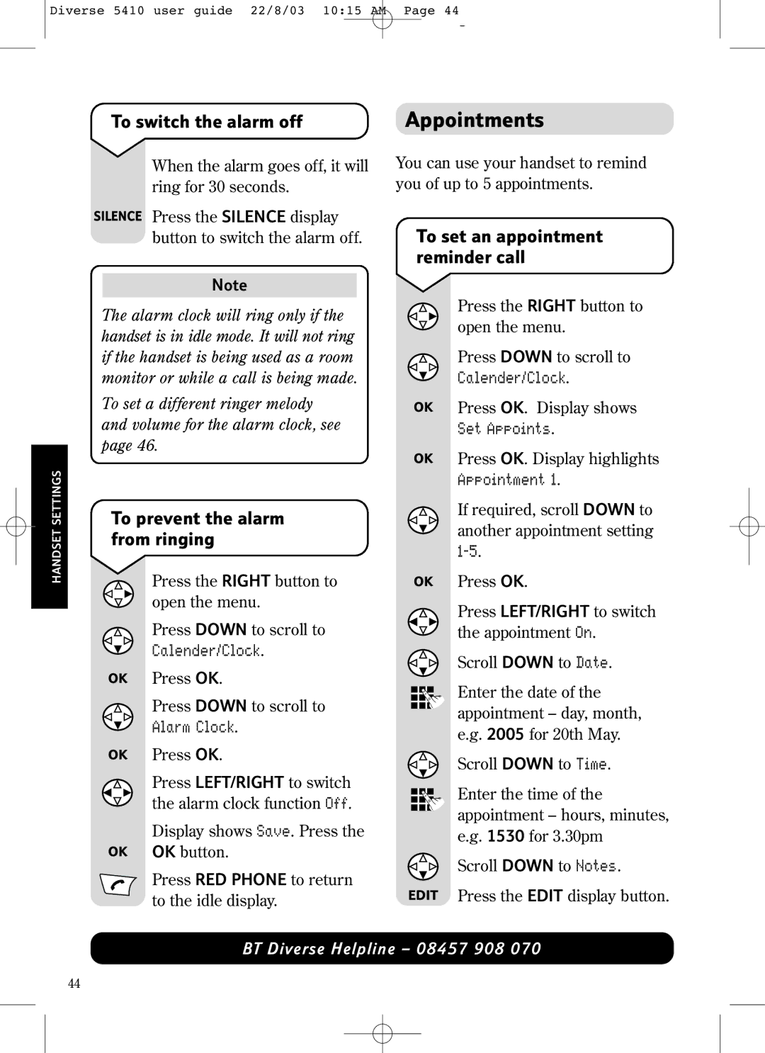 BT BT DIVERSE 5410 manual Appointments, To switch the alarm off, To prevent the alarm from ringing 