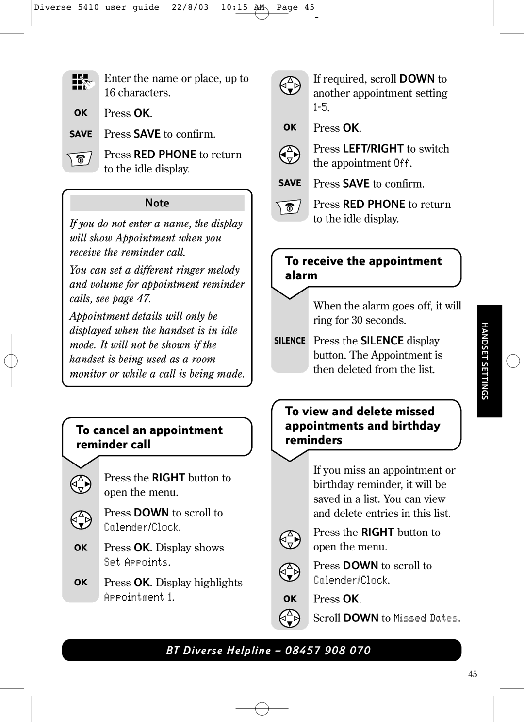 BT BT DIVERSE 5410 To receive the appointment alarm, To cancel an appointment reminder call, Scroll Down to Missed Dates 